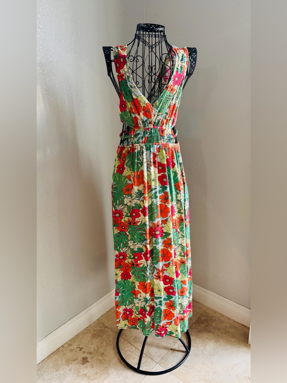 Justify : Women’s Floral V-Neck Maxi Dress in Bright Pink , Orange & Green